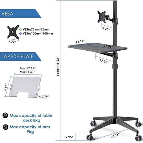Mobile Desk Workstation,Mulitiuse Rolling Laptop Floor Stand,34"-48.6" Height Adjustable,Compatible with 17"-27" Monitor&12"-17" Laptop,21"×14" Desk Board,Maxload 17.6lbs,4 Lockable Wheels