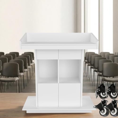 Podium Stand, Podium with Wheels, Floor Standing Speaking Poidum Lectern Stand, Church Pulpit with Storage, Office Wooden Reception Desk, Host Stand for School Conference | White - color: White