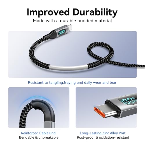 USB C to USB C Cable 100W with Real Time LED Display PD Fast Charging USB C Cable Braided 6.6ft for iPhone 16/15/15 Pro/15 Plus/15 Pro Max,iPad Air Pro,MacBook Pro,Galaxy S24/S24+/S23 (Grey)