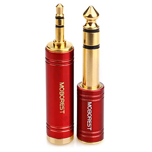 MOBOREST 3.5mm to 1/4 Stereo Headphone Adapter, Gold-Plated, Red, 2 Pack | 1/8 to 1/4 Aux Converter, Solid Brass 6.35mm Headset Adapter for Guitar Amp, Mixer, Studio, Home Theater & Live Stage Use - color: RED