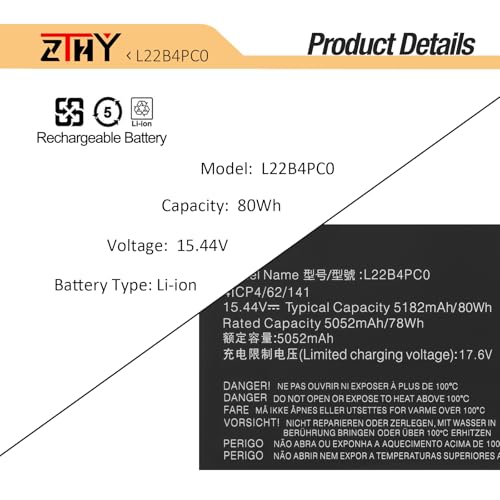 L22C4PC0 L22B4PC0 Laptop Battery Replacement for Lenovo Legion Pro 5 16ARX8 | 16IRX8 16IRX9 Legion Pro 7 16ARX8H 16IRX8 16IRX8H 16IRX9H ThinkBook 16p G4 IRH Series L22D4PC0 L22M4PC0 L22X4PC0 15.44V 80Wh - size: 12.2*3.11*0.31 inch L22B4PC0