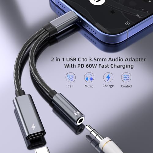 USB C to 3.5mm Headphone and Charger Adapter, 2 in 1 USB C to Aux Audio Adapter & 60W Fast Charging Dongle Compatible with iPhone 17Pro Max/16/15, Galaxy S25/S24/S23/S23FE, Pixel 9/8, iPad Pro - color: Grey