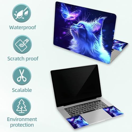 Universal Laptop Skin Decal, 3-Piece Vinyl Protector for 12 13 14 15.6" Notebook, Waterproof Anti-Scratch, Easy Trim & Bubble-Free Finish, Blue Butterfly and Luminescent Cat - color: Blue Butterfly and Luminescent Cat