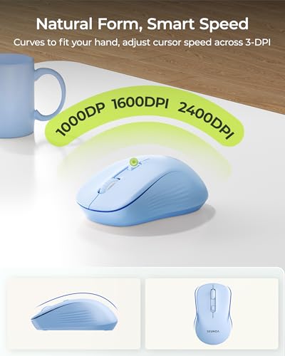 seenda Wireless Bluetooth Ergonomic Keyboard Mouse Combo, Full Size, Blue | USB/Bluetooth multi-device switching, with wrist rest, number pad, and quiet operation for PC, laptop, Mac, MacBook, and iPad - color: Blue