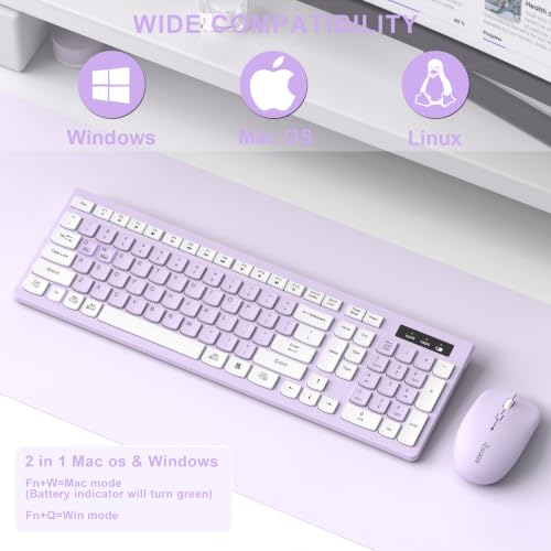 Wireless Keyboard and Mouse Combo, Full-Sized Wireless Keyboard and Adjustable DPI Mouse, 2.4GHz USB Receiver, Keyboard and Mouse for PC, Windows, Desktop, Laptop (Lilac) - color: Light Purple