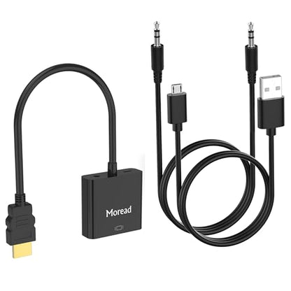 Moread HDMI to VGA with Audio, Gold-Plated Active HDMI to VGA Adapter (Male to Female) with Micro USB Power Cable & 3.5mm Audio Cable for PS4, MacBook Pro, Mac mini, Apple TV and More - Black