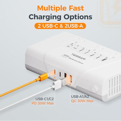 TESSAN 600W Pure Sine Wave 220V to 110V Voltage Converter US to Europe | Universal Travel Adapter, 4 USB Ports, PD 35W QC 30W, EU/UK/AU/IT/India Plug Power Converters, Step Down Transformer