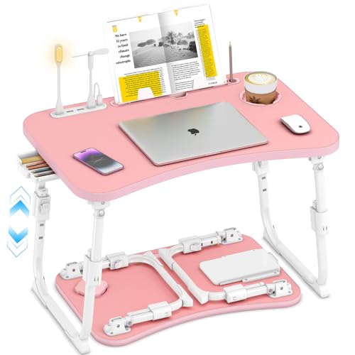 Lap Desk for Bed Adjustable Height, Foldable Bed Table with Storage Drawer, Tablet Slot & Cup Holder, Portable Laptop Stand for Bed & Sofa, Bed Desk for Adults & Kids, Pink - color: Pink