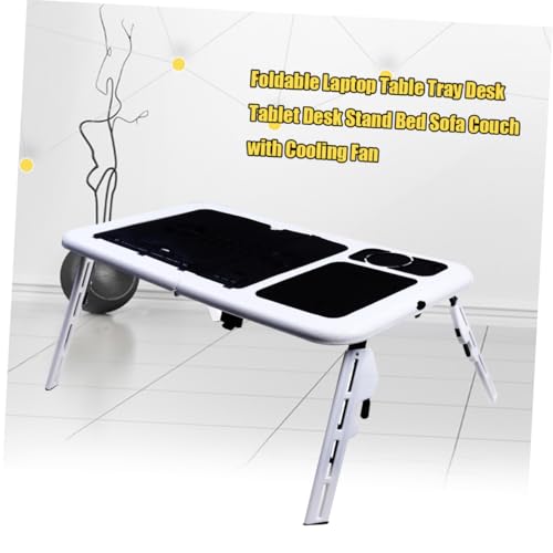 OSALADI Foldable Laptop Table with Dual Fans and Adjustable Height Ergonomic Tray for Bed Couch Desk Black White Design with Mouse Platform and Non-Slip Legs