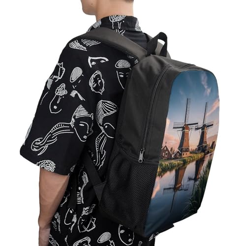 17-Inch Laptop Backpack Water-Resistant Dutch Windmill Daypack with Shoulder Strap Lightweight Casual Rucksack for Travel Commuter Hiking Outdoor Activities 20l Black