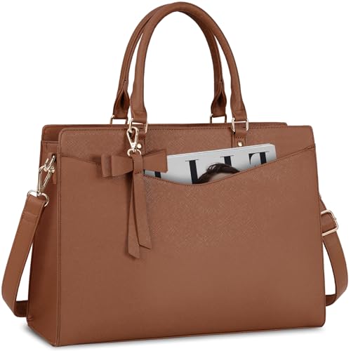 RAINSMORE Laptop Bag for Women 15.6 Inch PU Leather Laptop Tote Professional Business Office Work Bag Waterproof Briefcase Computer Tote Bag Large Lightweight Handbag Shoulder Bag - color: Dark Brown