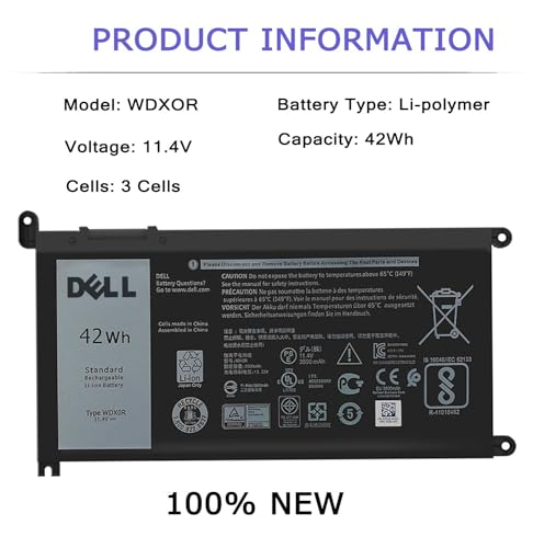 DELL WDX0R Battery for Inspiron 15 7579 7573 7560 7569 7570 7580 5565 5567 5568 5570 5578 5579 5770 7586 13 7375 7368 7378 5368 5378 5379 17 5765 5767 5775 Latitude 3189 3580 3Cells 42Wh 11.4V