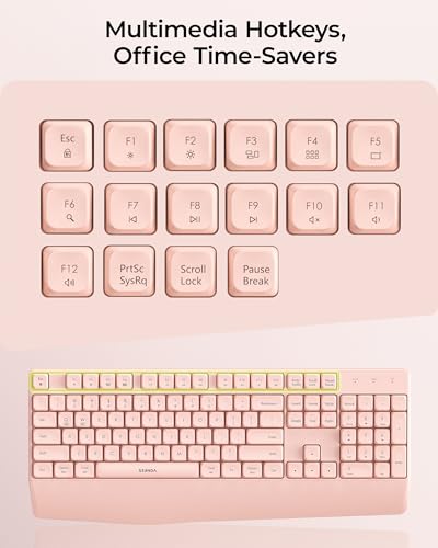seenda Wireless Bluetooth Ergonomic Keyboard Mouse Combo, Full Size, Pink | USB/Bluetooth multi-device switching, with wrist rest, number pad, and quiet operation for PC, laptop, Mac, MacBook, and iPad - color: Pink