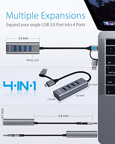 TWOPAN 4-Port USB 3.0 Hub for Laptop, Aluminum Alloy, USB-A & USB-C Plugs, 5Gbps Data Transfer, Compatible with MacBook Pro/Air, iMac, iPhone 16/15, Desktops, Tablets, Keyboard, Mouse, Mobile HDD - color: Grey AC