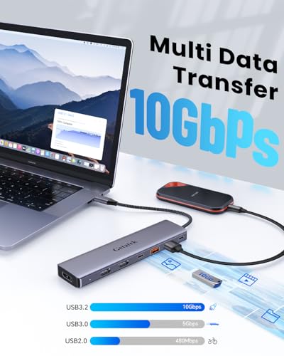 10Gbps USB C Hub with Triple Display Docking Station, 4K@60Hz DP, Dual HDMI Adapter, 7-Port USB-C Laptop Docking Station for Dell Hp Lenovo Surface, 3 USB 3.2 Port Hub & 100W PD