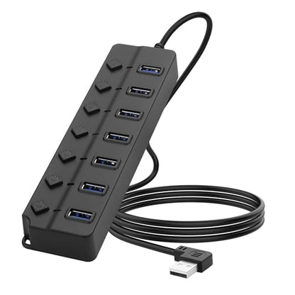 90 Degree USB Hub Splitter YACSEJAO USB 2.0 Data Hub with Individual LED Button On/Off Switch DC5.5 * 2.1 Power Port for Laptop,PC Computer (7 Ports, 1M) - size: 1M, style: 7 Ports