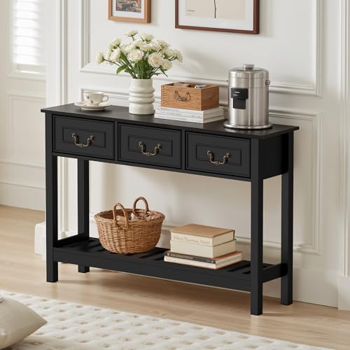 Sofa Table - Entryway Table with Drawers, Narrow Console Table for Living Room, 53” Long Farmhouse Sofa Table with 3 Drawers & 2-Tier Shelves,Black Oak Finish for Hallway or Behind Couch - color: Black