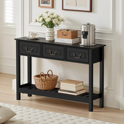 Sofa Table - Entryway Table with Drawers, Narrow Console Table for Living Room, 53” Long Farmhouse Sofa Table with 3 Drawers & 2-Tier Shelves,Black Oak Finish for Hallway or Behind Couch - color: Black