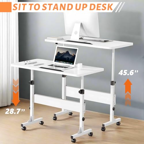 Rolling Desk Adjustable Height,Portable Laptop Desks,Small Standing Desk with Wheels for Home Office - color: White