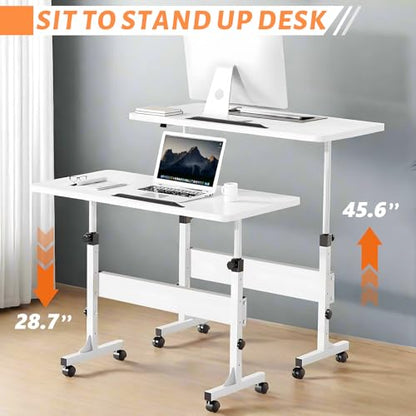 Rolling Desk Adjustable Height,Portable Laptop Desks,Small Standing Desk with Wheels for Home Office - color: White
