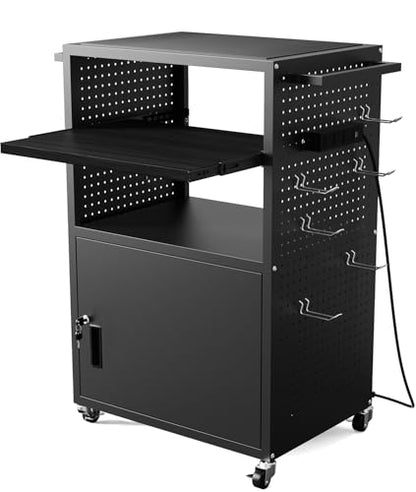 AV Cart with Wheels and Power, Media Cart with Pegboard Siding & 12 Hooks, with Locking Cabinet & Pullout Keyboard Tray, Rolling Computer Cart, Mobile Workstation, Utility Cart(40" x 18" x 31.5") - size: 40" x 18" x 31.5"