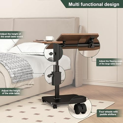 Adjustable Height C Shaped End Table with Wheels,360°Swivel Side Table, Top Tilting Laptop Stand TV Table for Sofa/Bed, Couch Tables that Slide under, Rolling Coffee Table for Living Room (walnut)