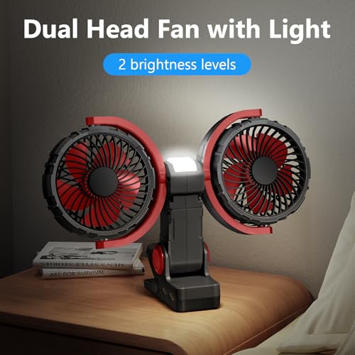 Dual Head Clip on Fan Battery Powered with Light,Portable USB Rechargeable Powerful Desk Table Fans,360°Rotation Cooling Clamp Fans for Car,Golf Cart,Treadmill,Kitchen,Outdoor Travel Camping(Black) - color: Black