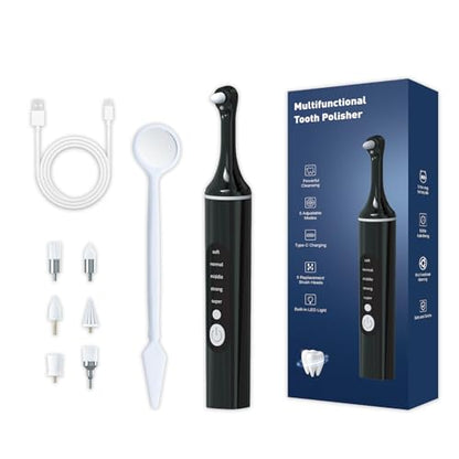 [Type-C Fast Charging] LED Teeth Whitening Polisher,Home Dental Care Kit with 6 Brush Heads & 5 Adjustable Speeds, Portable Electric Tooth Cleaner (Black)
