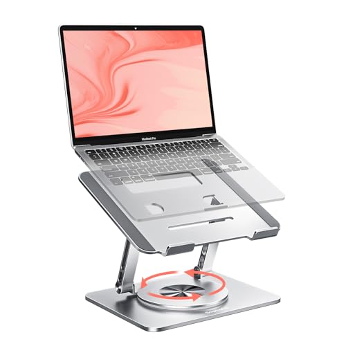 Laptop Stand for Desk, Adjustable Height & Angle Portable Aluminum Laptop Riser & Monitor Stand with 360° Swivel, Foldable Ergonomic Computer Stand for 10-17 Inch Laptops (MacBook/Dell/HP), Silver. - color: Aluminum Silver