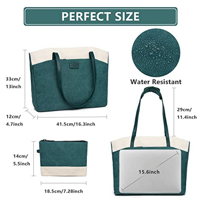 RAVUO Tote Bag for Women, Water Resistant 2PCS Set 15.6 Inch Laptop Travelling Bags Work Teacher Purse W Portable Pouch - color: Green