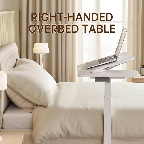 Adjustable Tilt Overbed Table with Hidden Wheels, Mobile Standing Laptop Desk, Portable Pneumatic Computer Cart, Rolling Medical Bed Side Table for Hospital and Home Use, White