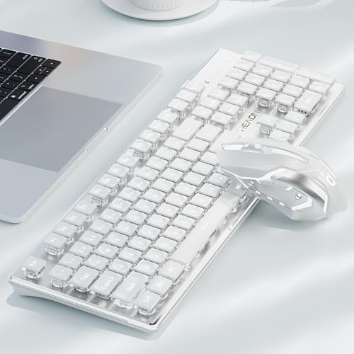 V3 Wireless Keyboard and Mouse with Single Backlit, Metal Panel, Bluetooth/2.4G Rechargeable Computer Keyboard and Mouse Combo Silent Lighted Full Size Cute Keyboards-White - color: White