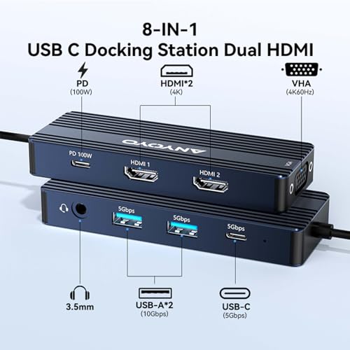 USB C Docking Station Dual HDMI Monitor Adapter 8-in-1 USB C HUB 3 Monitors Adapter with 4K HDMI +VGA +PD100W+Audio Laptop Docking Station for Dell/Lenovo/HP/Samsung/ASUS (Gary) - color: Gray