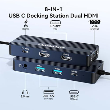 USB C Docking Station Dual HDMI Monitor Adapter 8-in-1 USB C HUB 3 Monitors Adapter with 4K HDMI +VGA +PD100W+Audio Laptop Docking Station for Dell/Lenovo/HP/Samsung/ASUS (Gary) - color: Gray