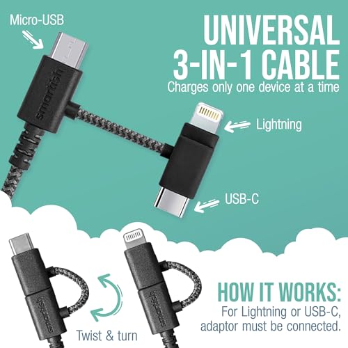 Smartish USB-C/Lightning Cable 17/16/16e/15/14 - Crown Joule - 6Foot Universal Fast Fabric Wrapped Charging Cable w/Micro-USB - MFi Certified 13/12/SE/iPad/AirPods/Android - Black - color: No. 2 Pencil Gray, size: USB to USB-C/Lightning/Micro