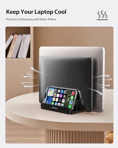 AboveTEK Vertical Laptop Stand Holder, 3 Slots Aluminum Desk Stand with Adjustable Dock Size for Tablet, MacBook, Phone - Universal Fit (up to 17.3") - Heavy Duty Polished, Anti Slide - Black - color: Black