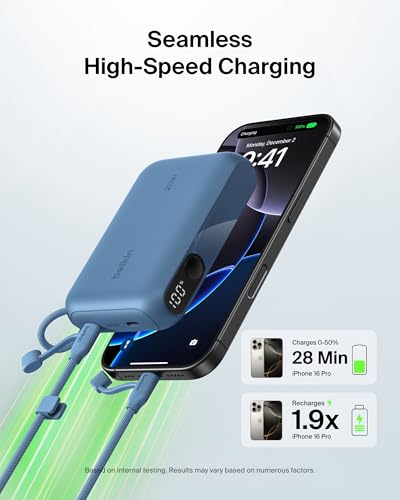 Belkin Portable Charger, Slim USB-C Power Bank 10,000mAh w/ 2 USB-C Ports, Digital Battery Display, 20W Charging Battery Pack - iPhone 17, Air, Pro, Samsung Galaxy S25, Pixel 10, iPad, & More - Blue - color: Blue, style: 10K mAh