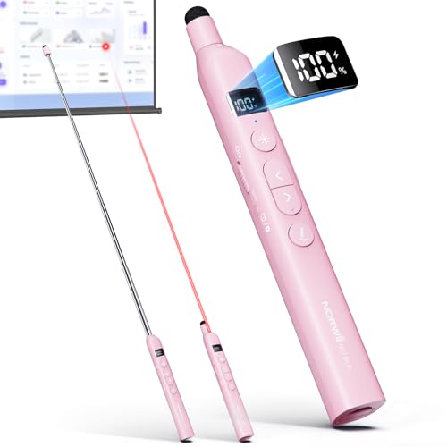 N21 Bluetooth Presentation Clicker for PowerPoint with Retractable Pointer | ①Red laser ②Telescopic touch pen ③Countdown timer, vibration alert ④Customizable Button ⑤Rechargeable, battery level display - color: Pink - Red Pointer
