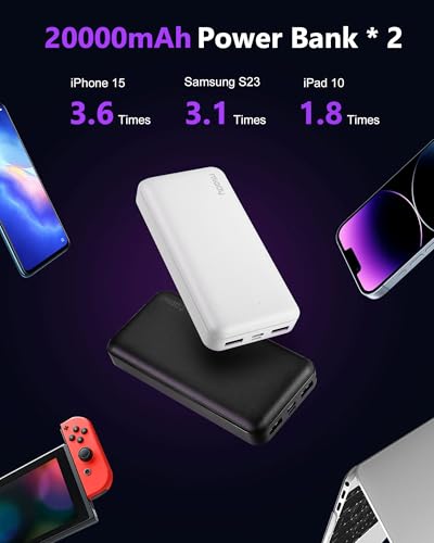 Miady 2-Pack Portable Charger 22.5W Power Bank 20000mAh Travel Battery Pack | Fast Charging丨Dual USB丨3 Outputs 2 Inputs丨High Capacity丨Compatible with iPhone 17 Android etc丨74Wh丨for Camping丨Black+White