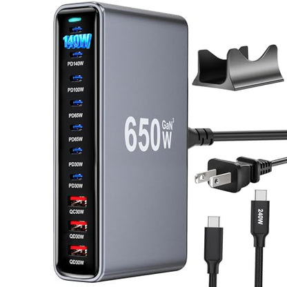 650W USB C Fast Charger Block, Dual PD3.1 140W Multi-Port USB Charging Station, GaN Ⅲ PD PPS Fast Charging Station for Multiple Devices,Laptop Wall Charger Compatible with iPhone 17/iPad/MacBook etc - size: 650W+A 240W Braided Nylon Fast Charging Cable