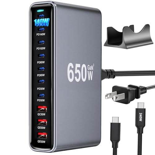650W USB C Fast Charger Block, Dual PD3.1 140W Multi-Port USB Charging Station, GaN Ⅲ PD PPS Fast Charging Station for Multiple Devices,Laptop Wall Charger Compatible with iPhone 17/iPad/MacBook etc - size: 650W+A 240W Braided Nylon Fast Charging Cable