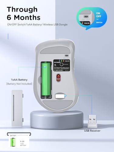 RAPIQUE Wireless Mouse - Dual Bluetooth & 2.4 GHz, White and Grey | Ergonomic Design, Quiet Clicks, Low Power - Multi-Device Compatibility for Laptop, Computer, iPad, MacBook, Chromebook - color: White and Grey