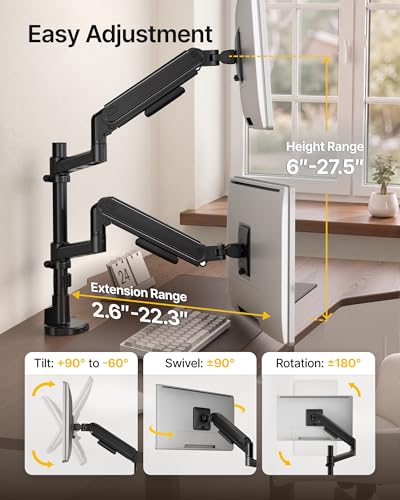 monTEK Dual Monitor Arm, Vertical Stackable 17–40" Full Motion with USB | Vertical Stackable Mechanical Spring For 17–40"Ultrawide Monitor, Hold Up To 26.4 Lbs Each, Compatible With 75/100 VESA Mount - size: Dual Arm with USB