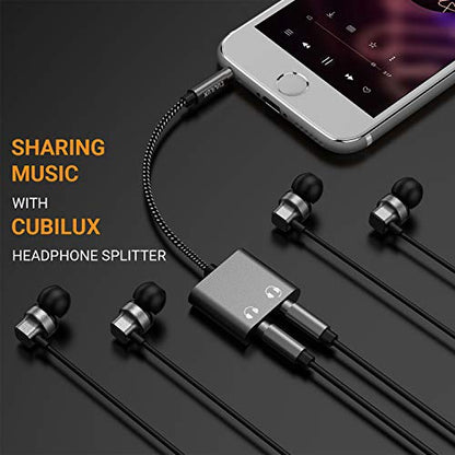 Cubilux 3.5mm Male to Dual Female Headphone Jack Splitter for Sharing Music, 2-Way 1/8” Stereo Audio Y Adapter, Compatible with MacBook iPad PC Computer Phone Laptop Tablet PS4 PS5 Xbox One/360 - color: Grey