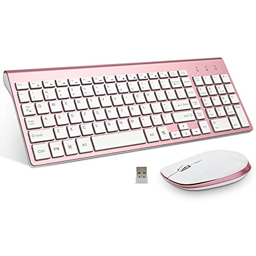 Keyboard and Mouse Wireless, Slim Flat for Laptop PC Rose Pink | Silent Quiet, Low Profile Thin, 14.5 Inch Portable Full Size, with 10 Key, 2.4G USB, Home Office, Windows Laptop Computer - color: Pink
