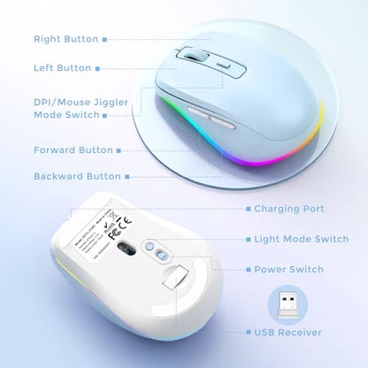 PEIOUS Wireless Mouse Jiggler - Keep Computers Awake, Light Blue | Rechargeable LED Mouse, Silent Clicks, Adjustable DPI and Random Movement Keep Computers Awake for Laptop/PC/Mac - color: Light Blue