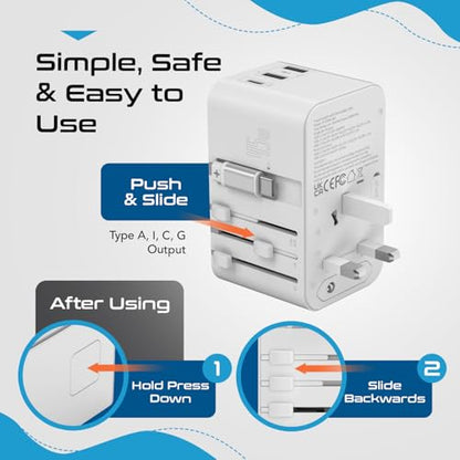 Ceptics 5 in 1 International Travel Adapter with PD 45W Retractable USB-C Cable 65cm, 2X USB-A 2.4A, 1x USB-C 3A, Travel Adapter Worldwide for Laptop, Phones and Cameras for US, EU, UK, UP-45WC-WH - color: White/Silver