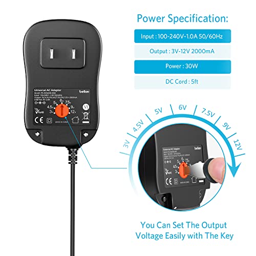 Belker 30W Universal 3V 4.5V 5V 6V 7.5V 9V 12V AC DC Adapter with 8 Tips | Power Supply with 5V 2A USB for LED Light Strip Router Speaker Smart Phone Tablet CCTV IP Camera TV Box - 2A Max - size: 30w 3-12v 2a w/USB