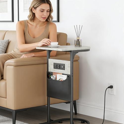 C Shaped End Table with Charging Station, Small Side Table for Couch, C Table Slides Under Sofa with Storage Bag, TV Tray Table for Recliner, Living Room, Bedside, Bedroom, Small Spaces, Greige - color: Charging Station Greige