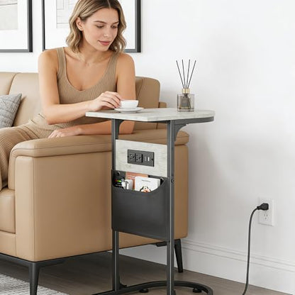 C Shaped End Table with Charging Station, Small Side Table for Couch, C Table Slides Under Sofa with Storage Bag, TV Tray Table for Recliner, Living Room, Bedside, Bedroom, Small Spaces, Greige - color: Charging Station Greige